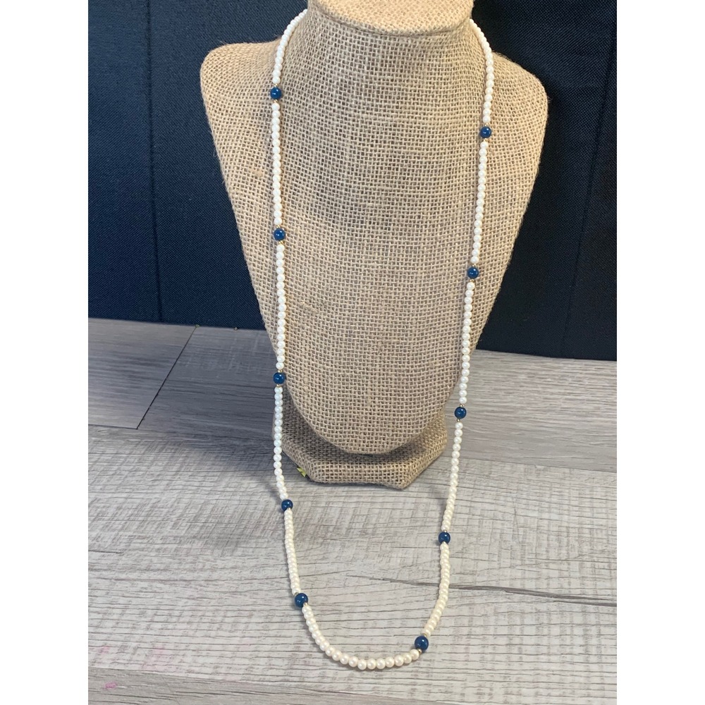 Vintage Faux Pearl and Navy Blue Bead Long Opera Necklace 32 Inch Gold Tone